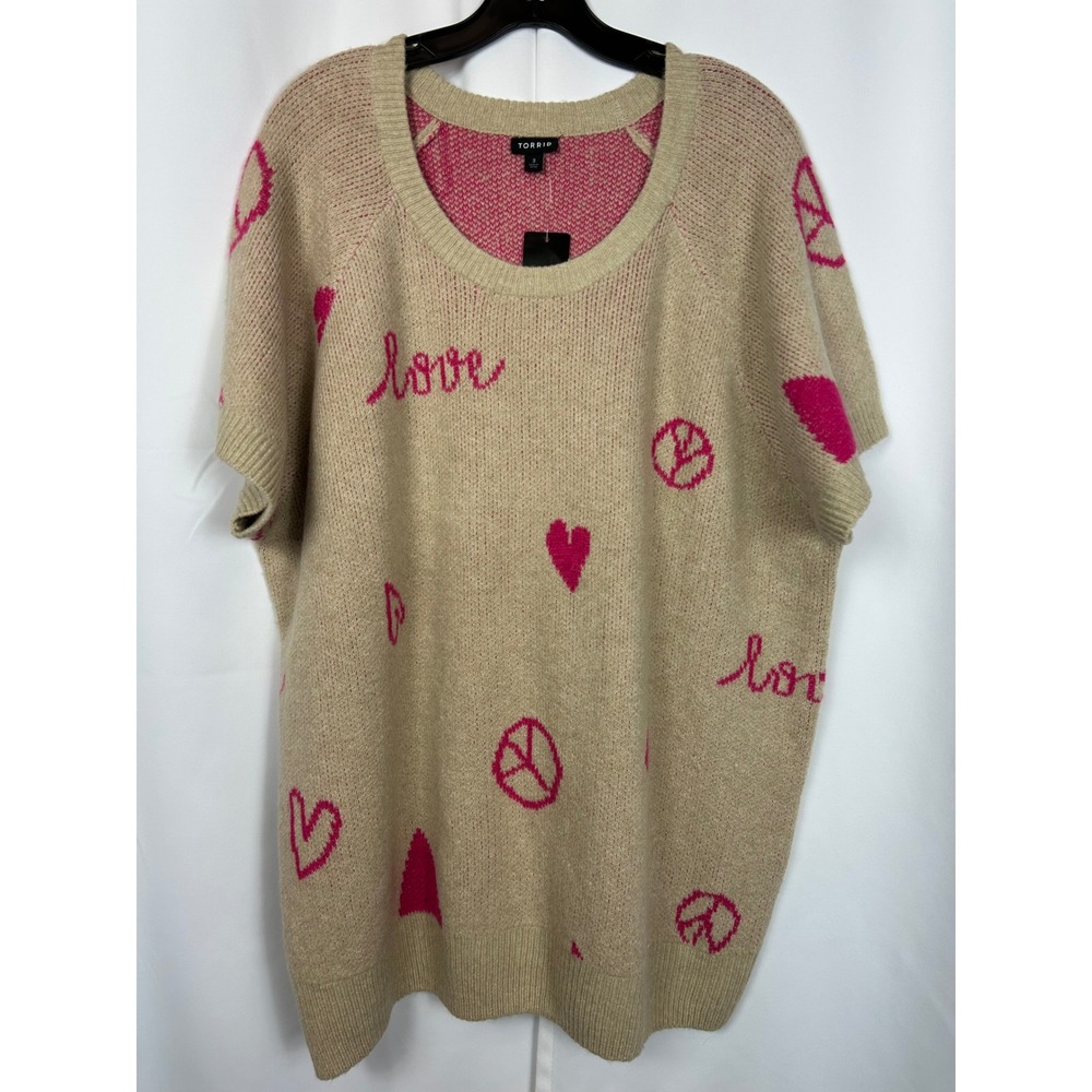 Torrid Vegan Cashmere Raglan Sweater Tan Pink Heart Peace Love Multi Print 3X‎